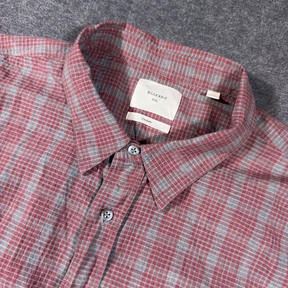 Billy Reid Button Up Shirt Mens XXL Red Plaid Short Sleeve Standard Fit Cotton